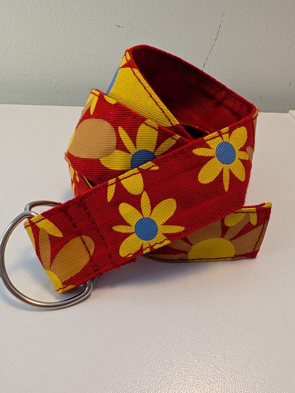 Girls Red Yellow Floral Print D-Ring Fabric Belt Size 6 Kids Accessory
